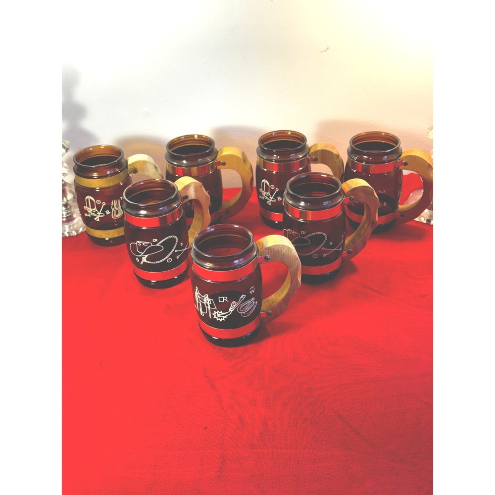 7 Siesta Ware Western Amber Glass Barrel Mugs Wood Handle Cowboy Theme Set